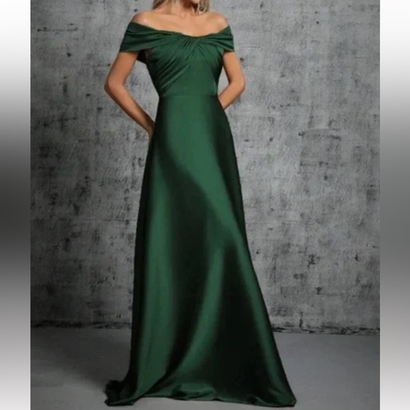 Luxe khaki off shoulder party formal evening satin gown dress - Picture 13 of 16